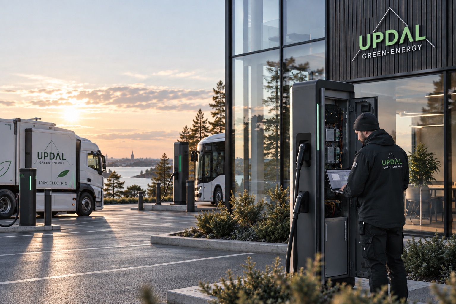 Updal Green Energy EV charging depot at sunset with charging stations for trucks and buses