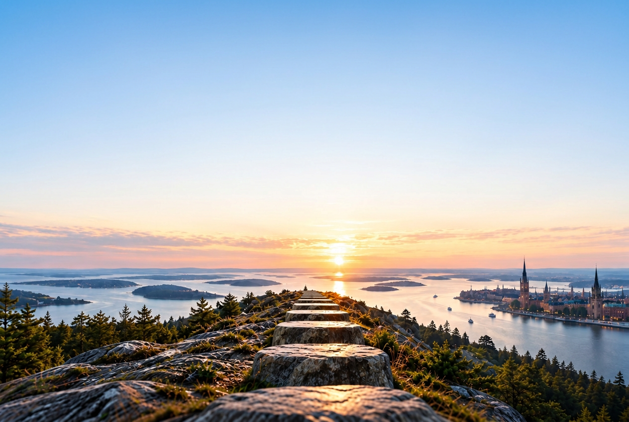 Stockholm archipelago sunrise with a stone path leading toward the water