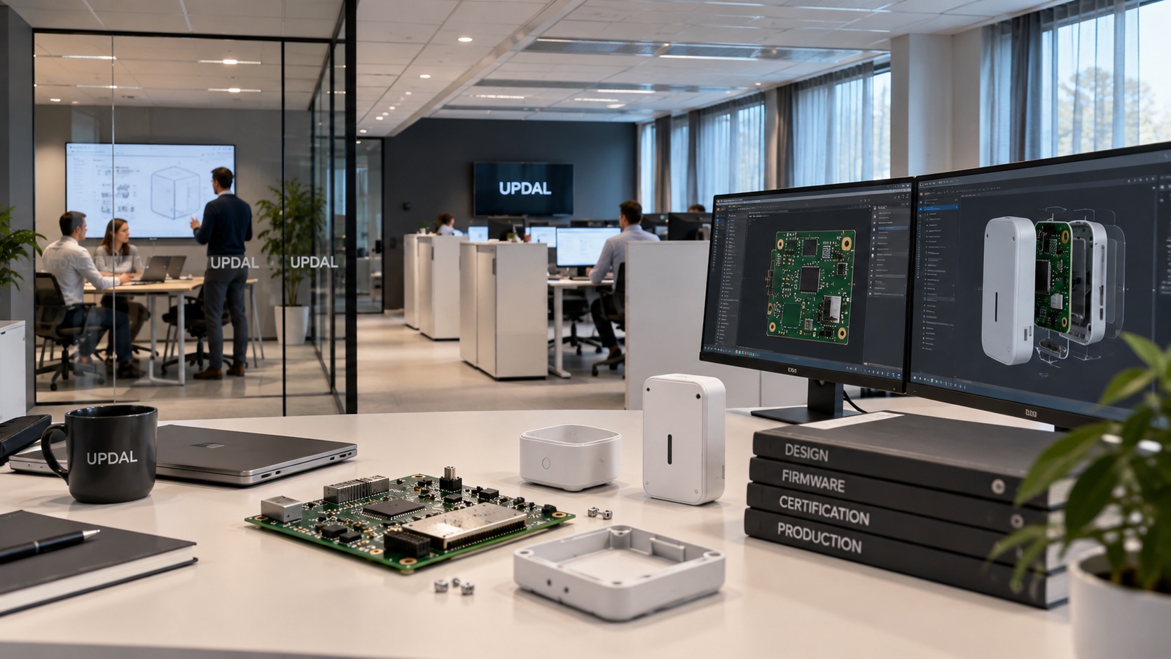Updal engineering office with PCB prototypes, product enclosures and hardware design software on screen