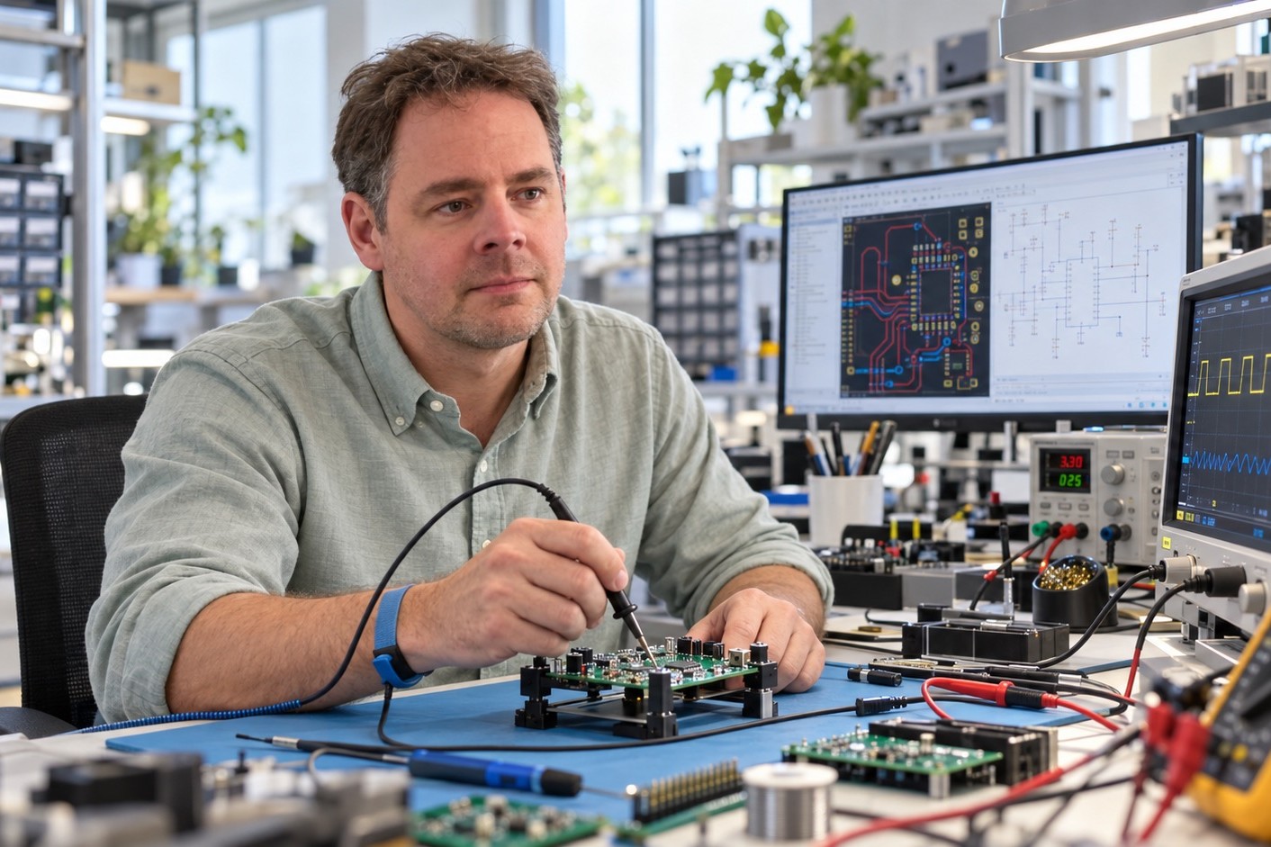 Engineer testing electronics at a workbench with circuit boards and measurement equipment