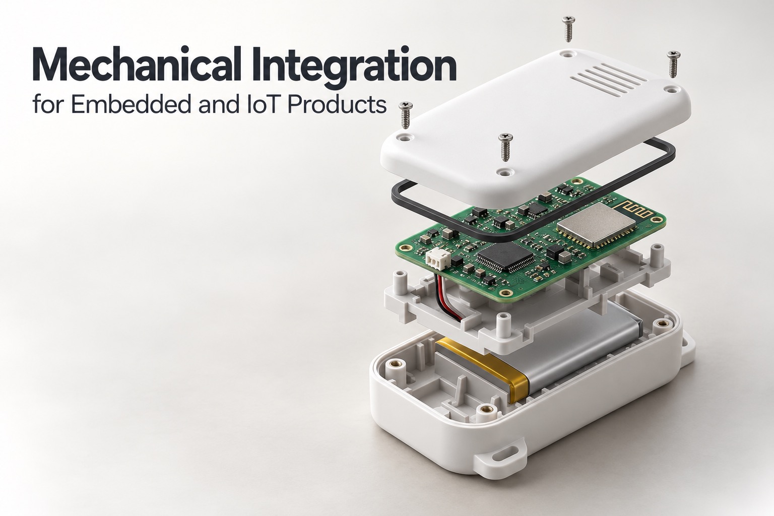 Exploded view of an IoT device enclosure, electronics and battery