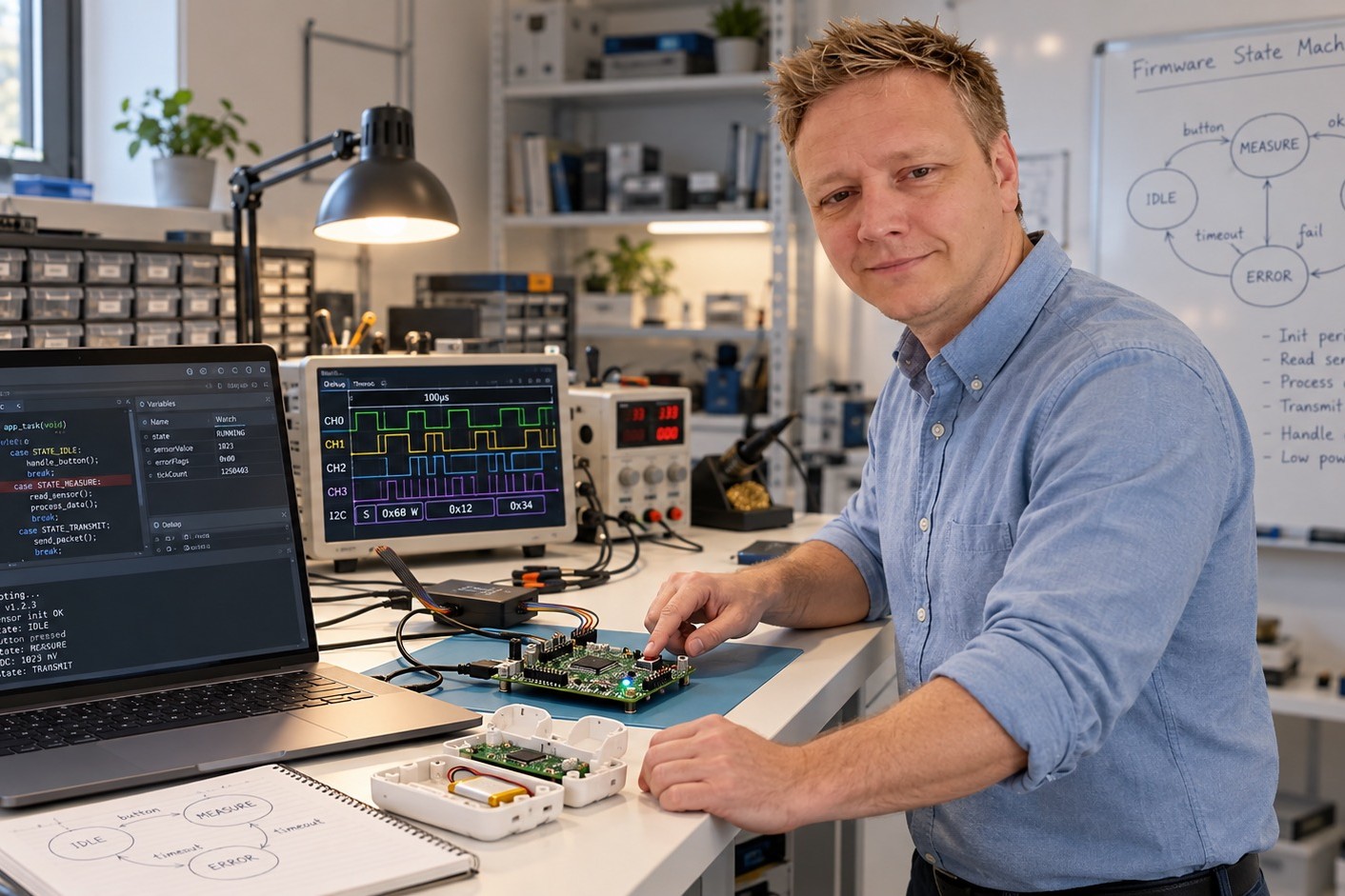 Engineer developing firmware with code, test equipment and a state-machine whiteboard