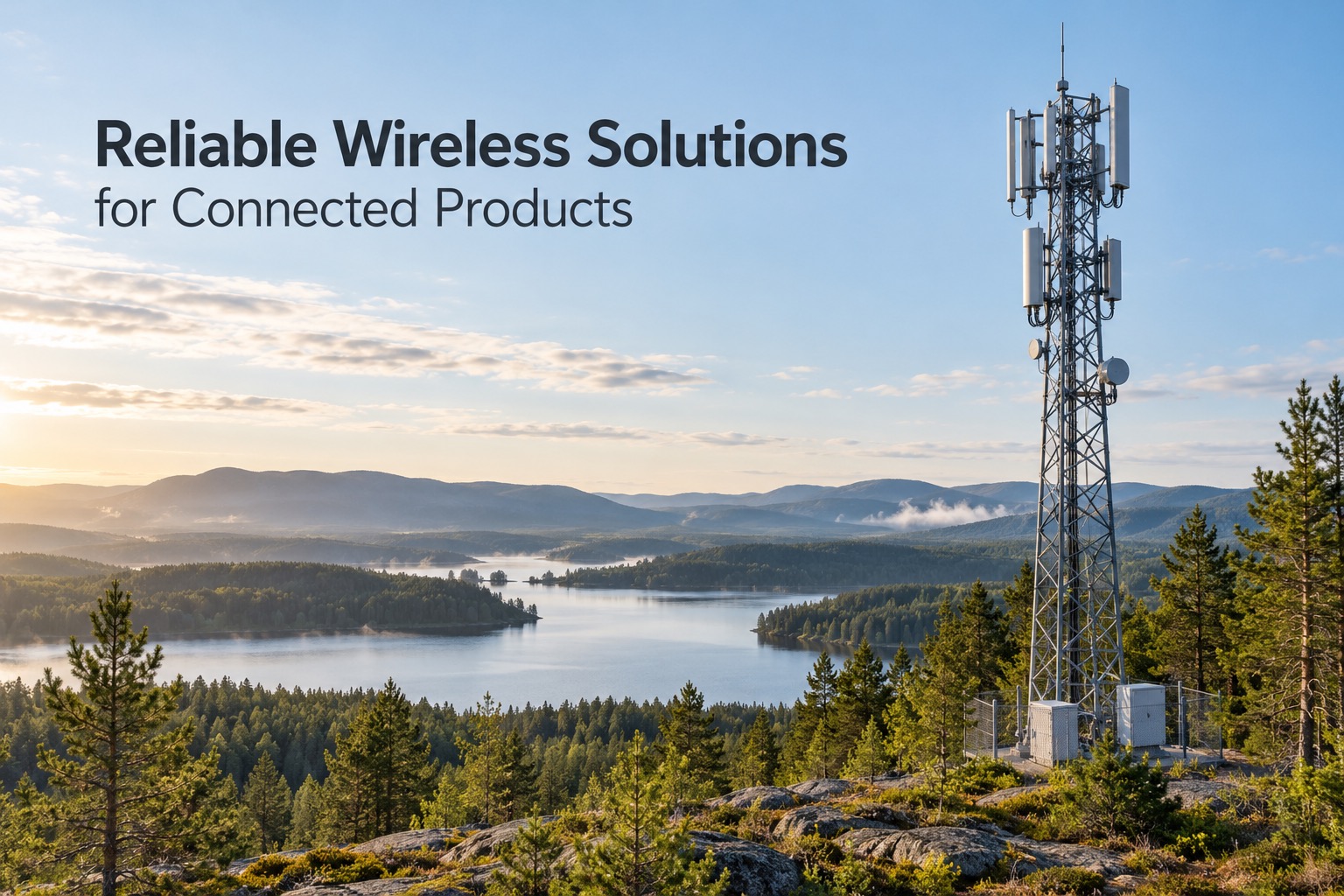 Wireless communications tower overlooking a Nordic landscape